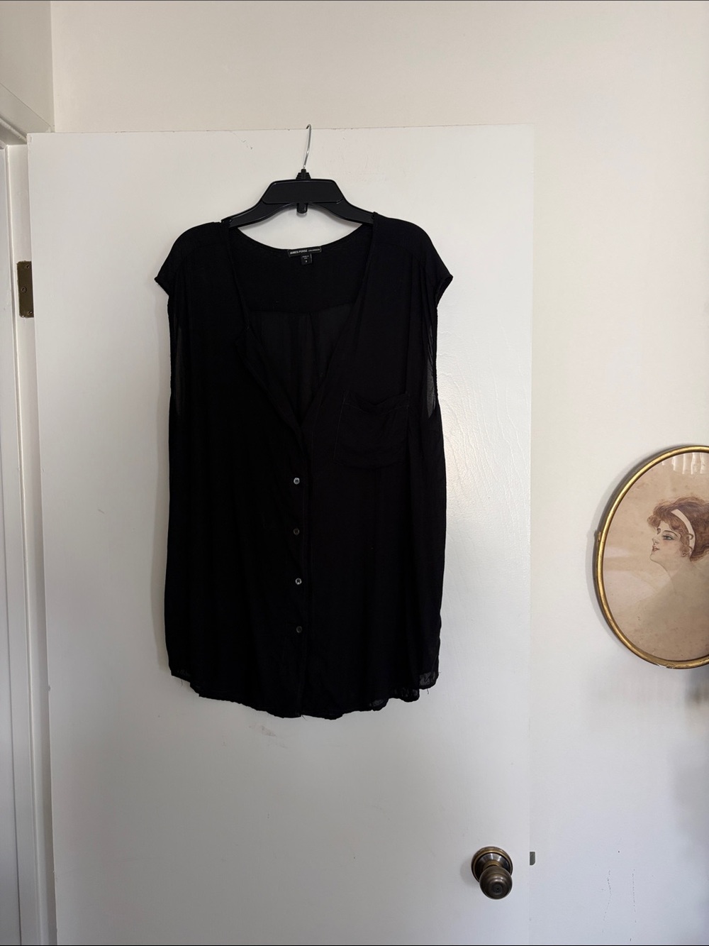 James Perse Black Button-Front Cap-Sleeve Shirt